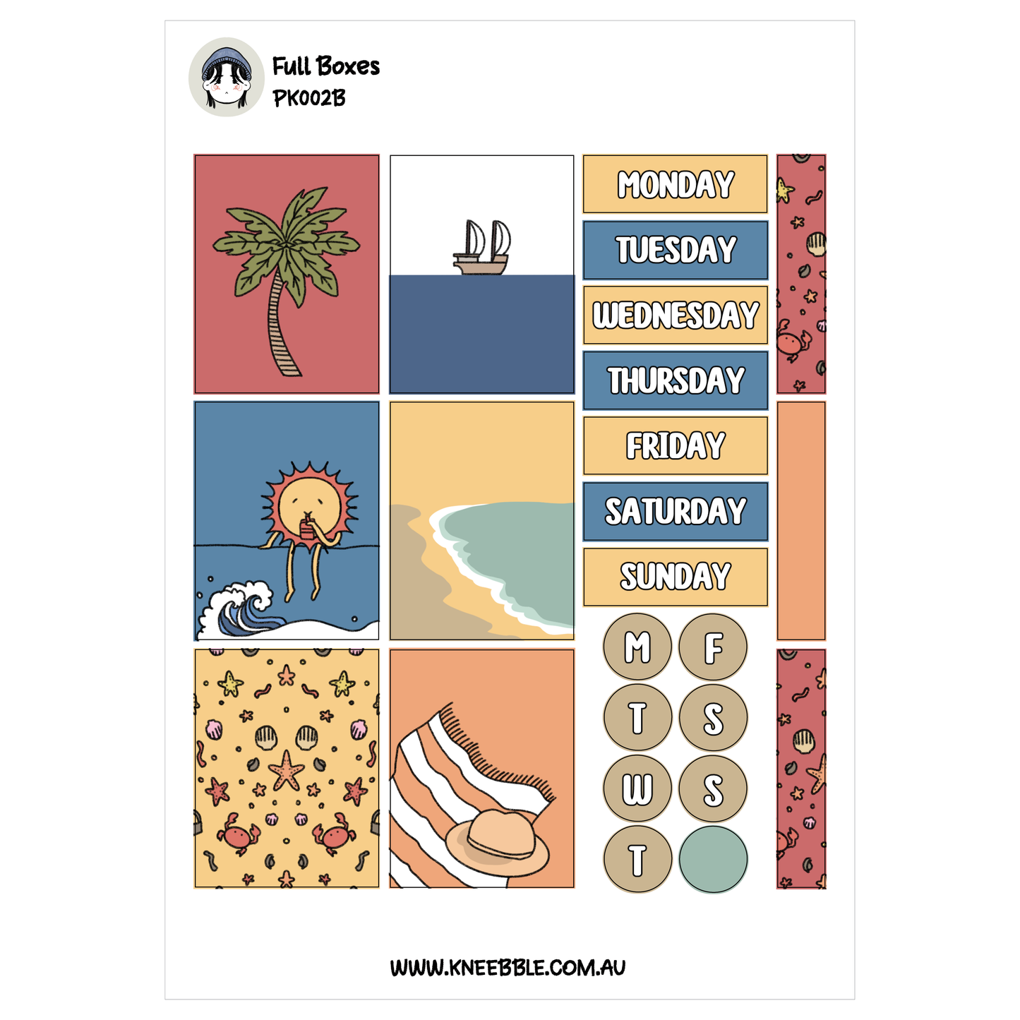 The image is a collage of various colorful illustrations and patterns, including a palm tree, a sailboat, a beach scene, and a beach towel. The collage is titled "Full Boxes" and includes a list of days of the week, as well as a website address.