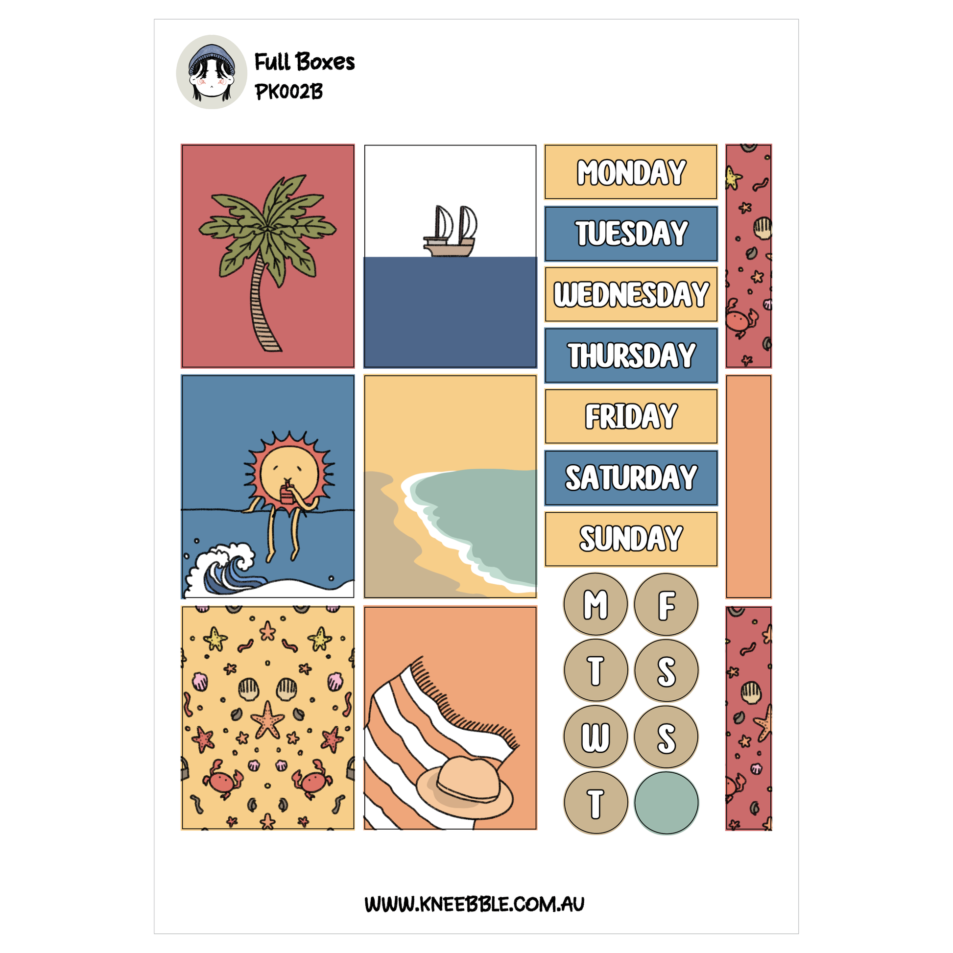 The image is a collage of various colorful illustrations and patterns, including a palm tree, a sailboat, a beach scene, and a beach towel. The collage is titled "Full Boxes" and includes a list of days of the week, as well as a website address.