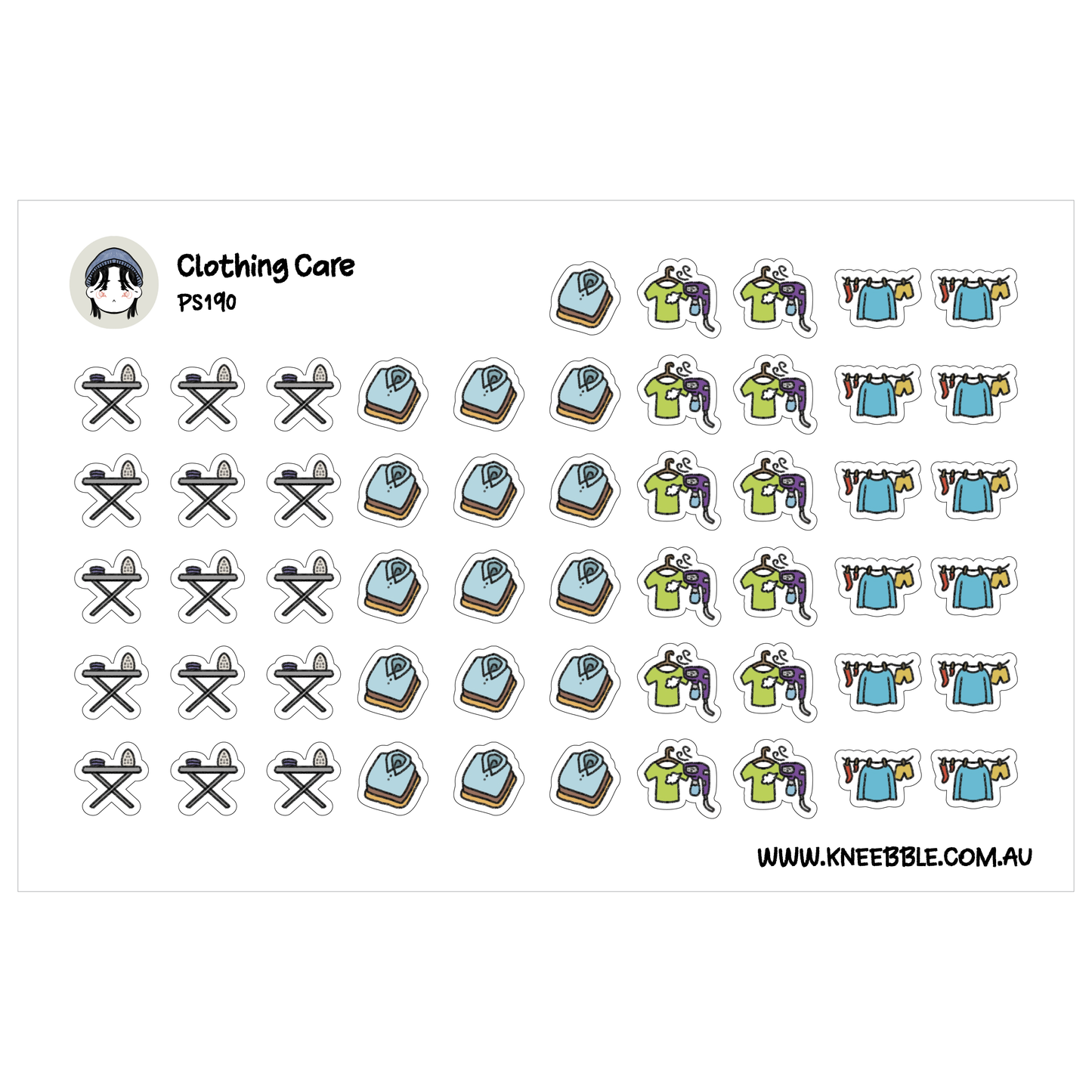 a collection of various clothing care-related icons and illustrations, including ironing boards, clothes, and other laundry-related items.