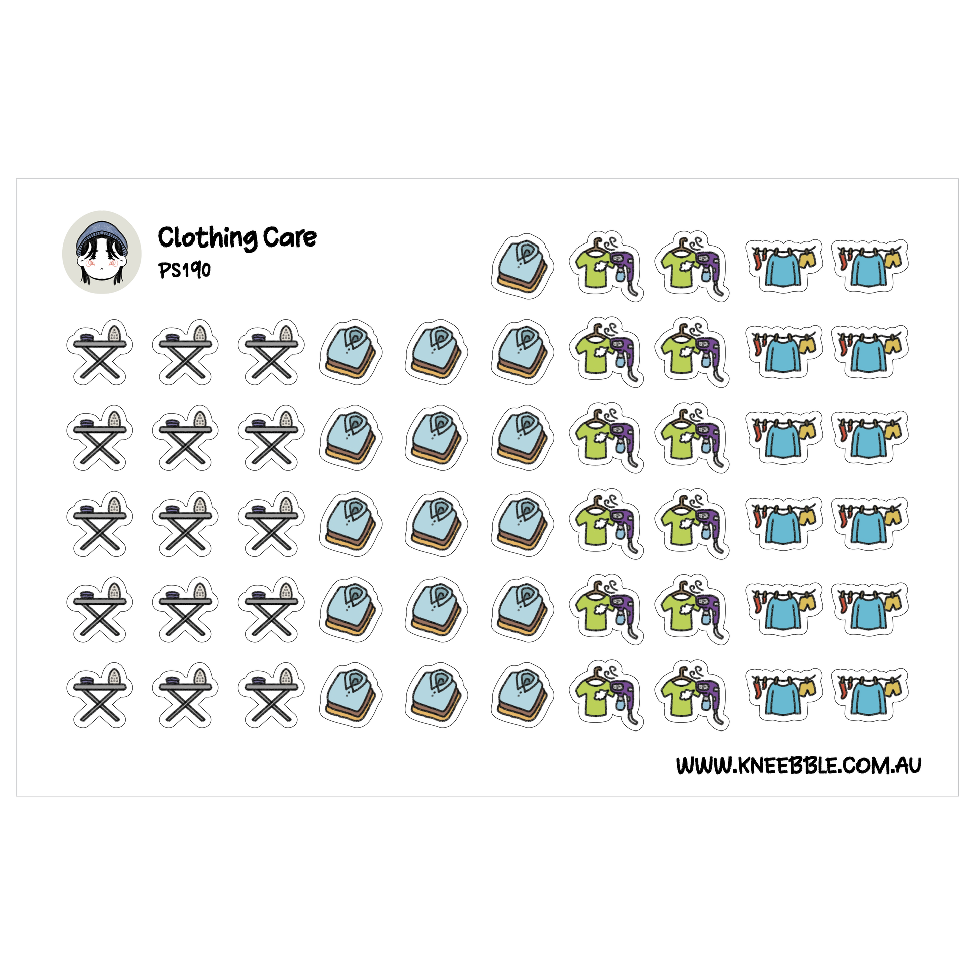 a collection of various clothing care-related icons and illustrations, including ironing boards, clothes, and other laundry-related items.