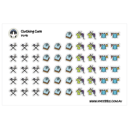 a collection of various clothing care-related icons and illustrations, including ironing boards, clothes, and other laundry-related items.