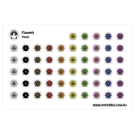 a grid of various colored flowers, including black, brown, orange, yellow, green, and purple flowers.