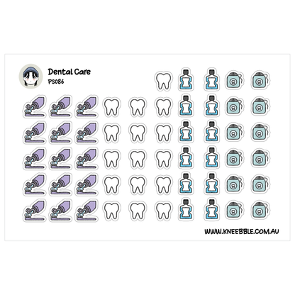 various dental care-related icons and symbols, including toothbrushes, toothpaste, dental floss, and dental tools.