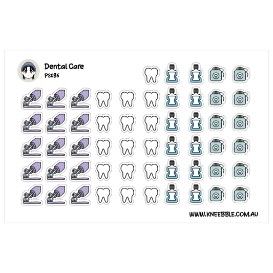 various dental care-related icons and symbols, including toothbrushes, toothpaste, dental floss, and dental tools.