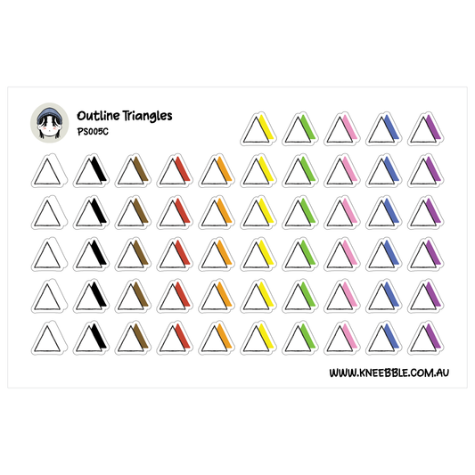 a grid of various colored outline triangles, with each triangle having a different color. The image is a collection of different colored triangles arranged in a grid-like pattern.