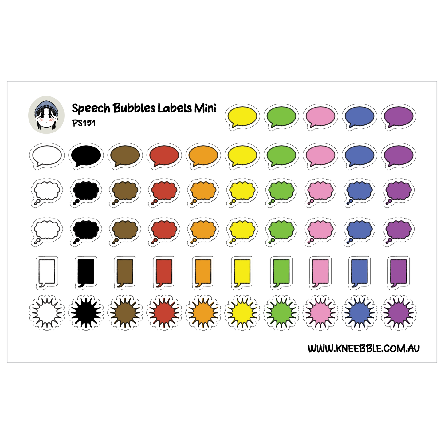 a collection of speech bubbles and shapes in various colors, arranged in rows and columns.