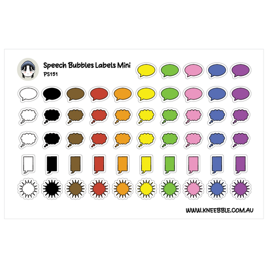 a collection of speech bubbles and shapes in various colors, arranged in rows and columns.