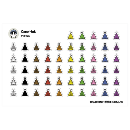 a grid of various colored party hats, including black, brown, orange, yellow, green, pink, purple, and blue.