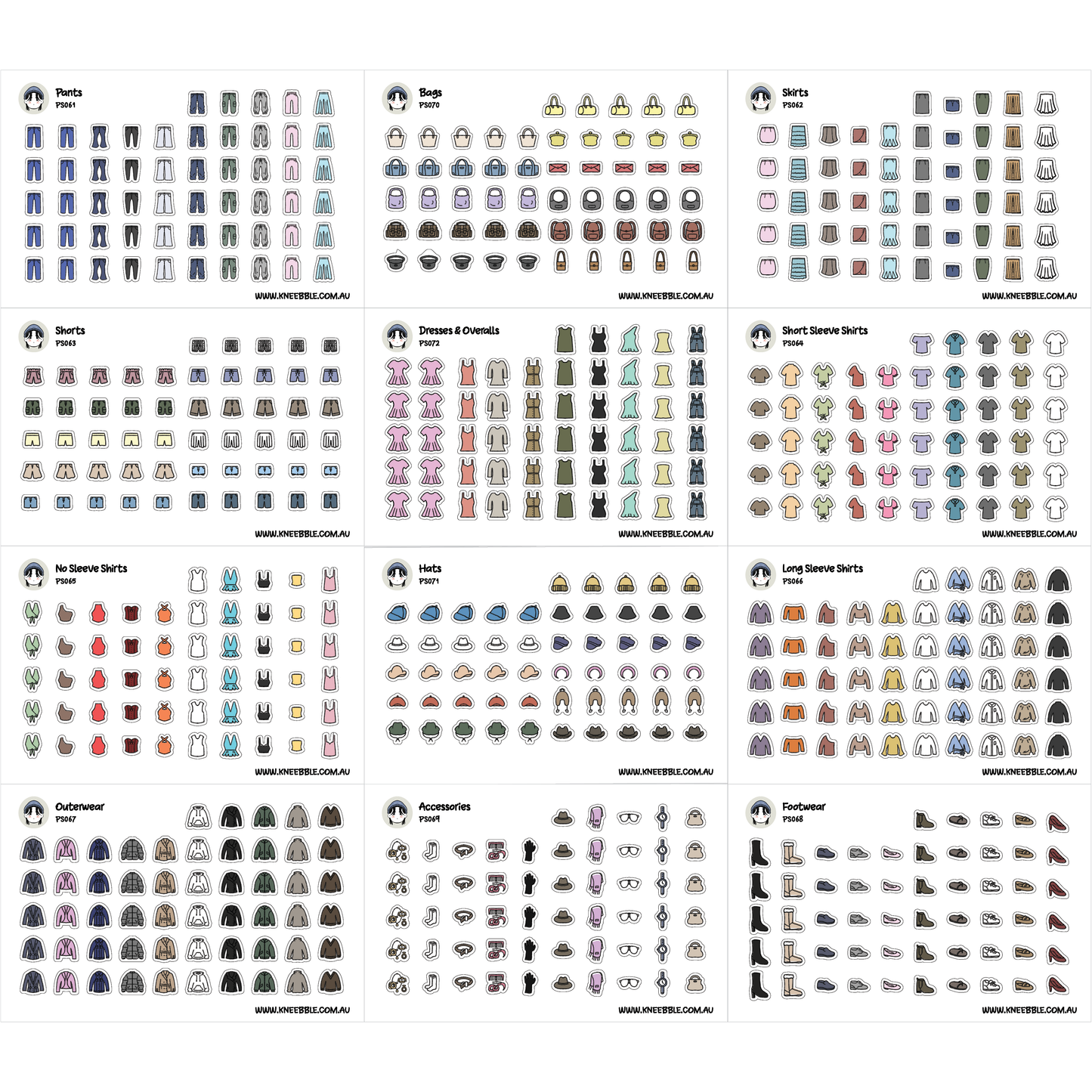 a collection of various icons and illustrations related to clothing, accessories, and footwear, arranged in a grid format.