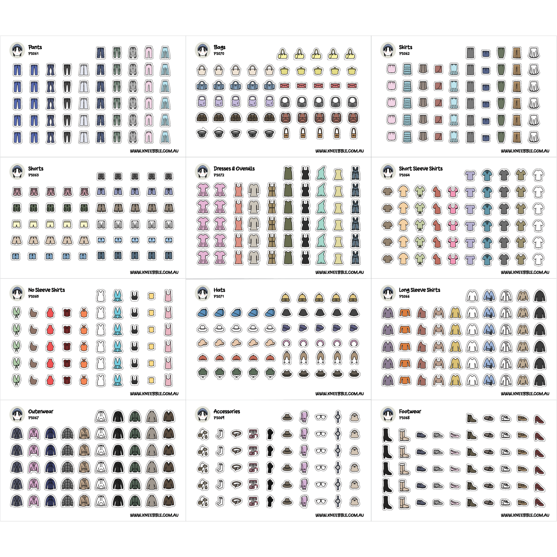 a collection of various icons and illustrations related to clothing, accessories, and footwear, arranged in a grid format.