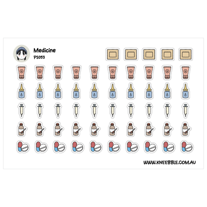 a collection of various medical-related icons and symbols, including pills, syringes, and other medical equipment.