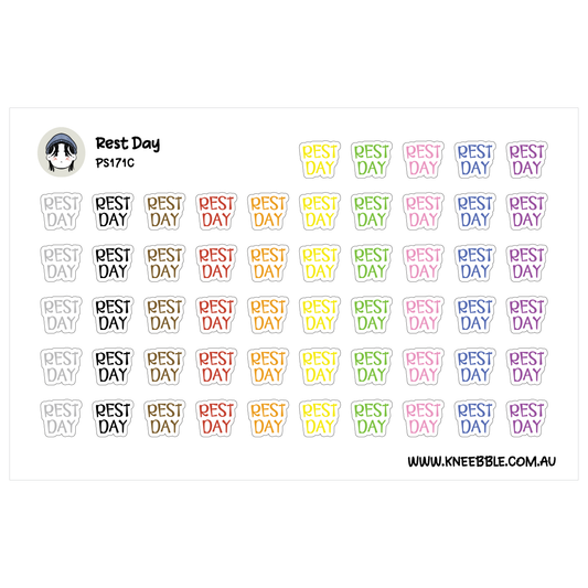 a grid of stickers with the word "Rest Day" written on them in various colors.