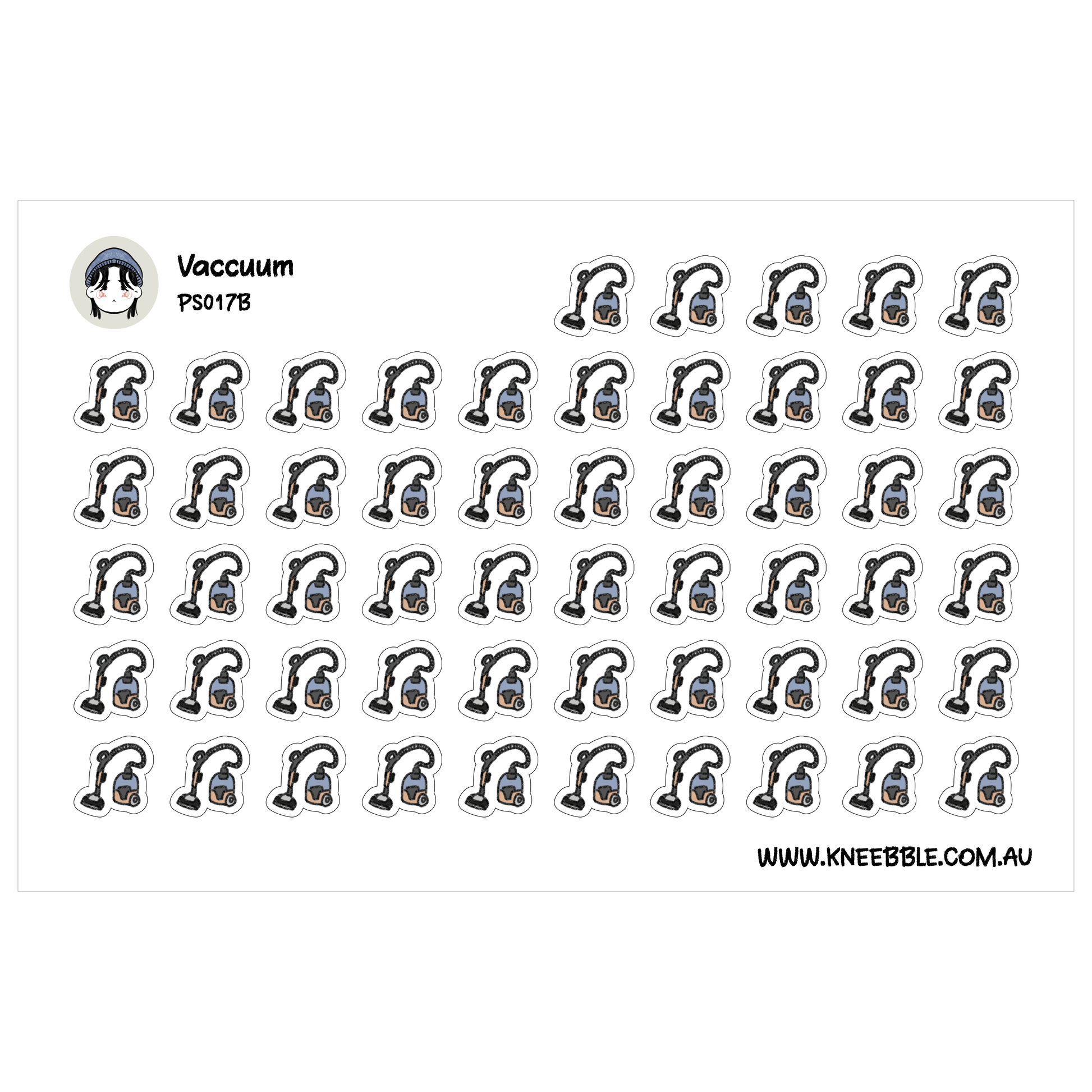 a grid of small, black and white stickers depicting various vacuums.