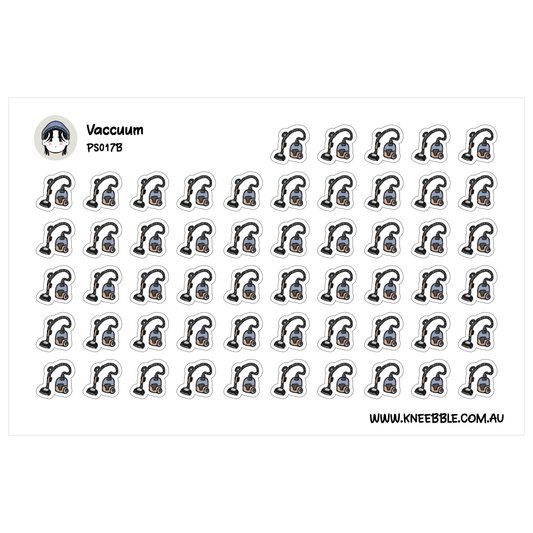 a grid of small, black and white stickers depicting various vacuums.