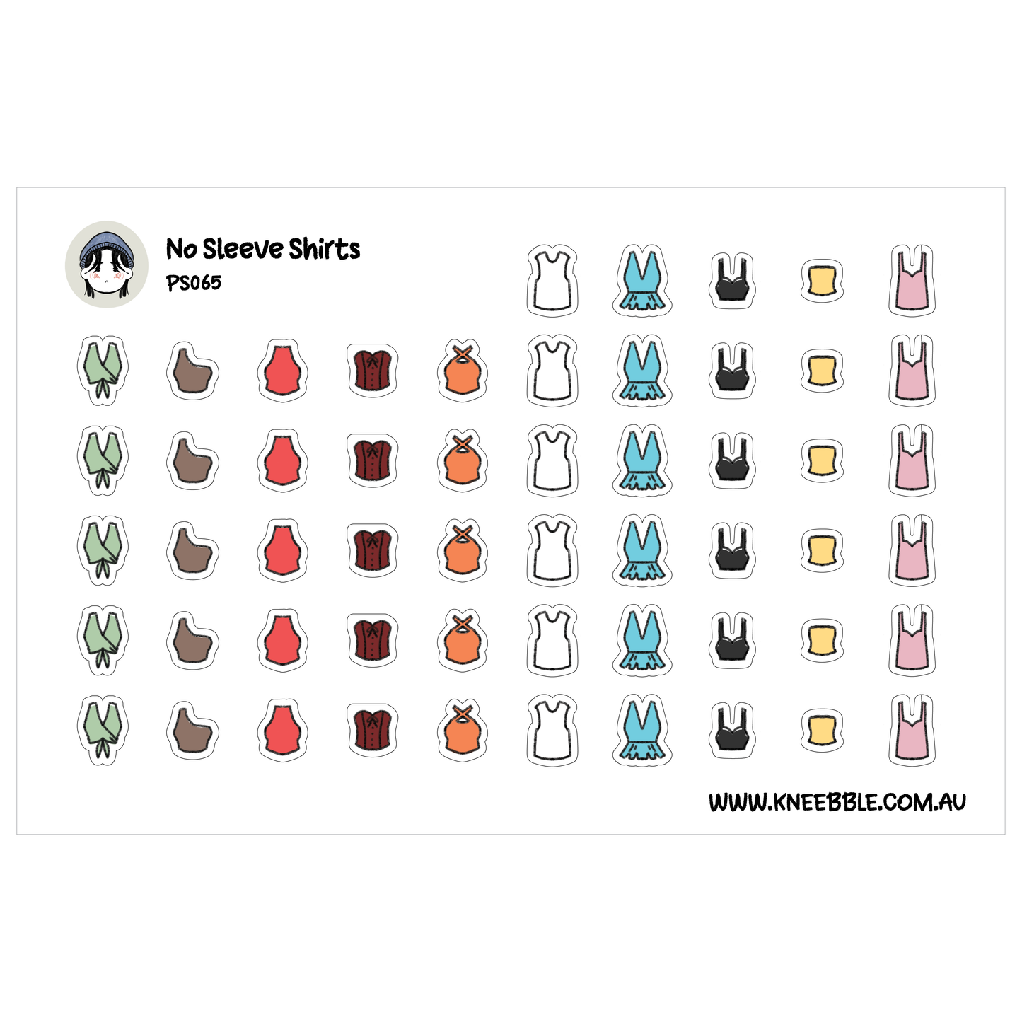 a collection of various clothing items, including tops, bottoms, and dresses, arranged in rows and columns. The image does not contain any text, and the descriptions provided are limited to the specific clothing items and their arrangement.