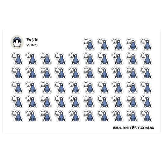 a grid of small blue stickers with white text and a small cartoon character. The stickers are arranged in rows and columns, and the text "Eat In" is visible. The image is not a single scene but rather a collection of smaller images.