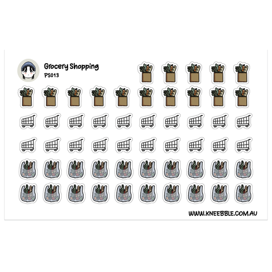 a grid of various grocery shopping icons, including shopping carts and bags of groceries, arranged in a visually organized manner.