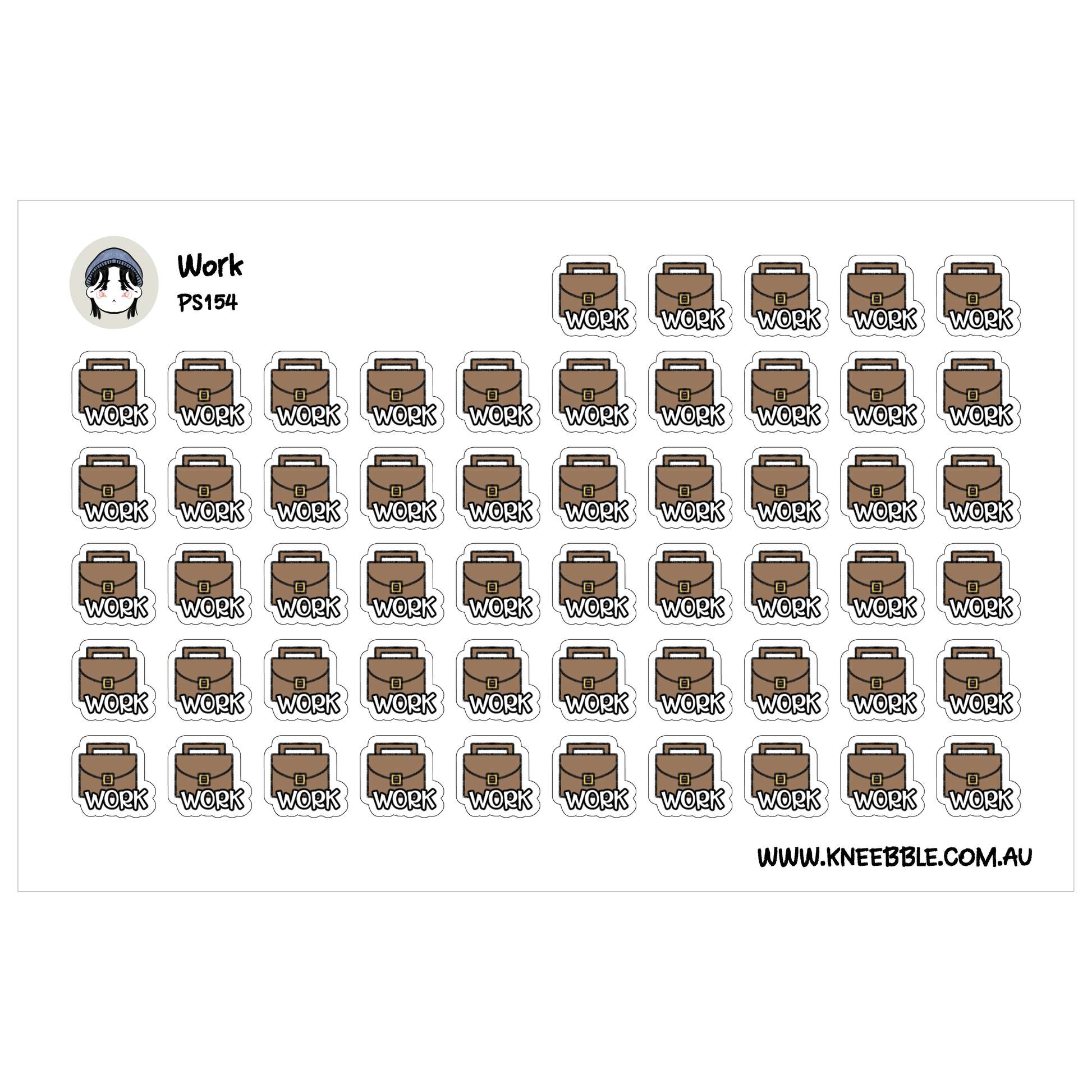 a grid of brown stickers with the word "Work" written on them.