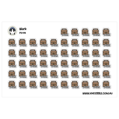 a grid of brown stickers with the word "Work" written on them.