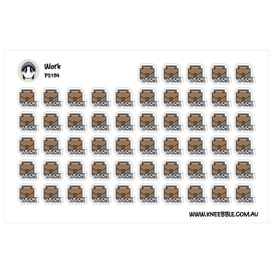 a grid of brown stickers with the word "Work" written on them.