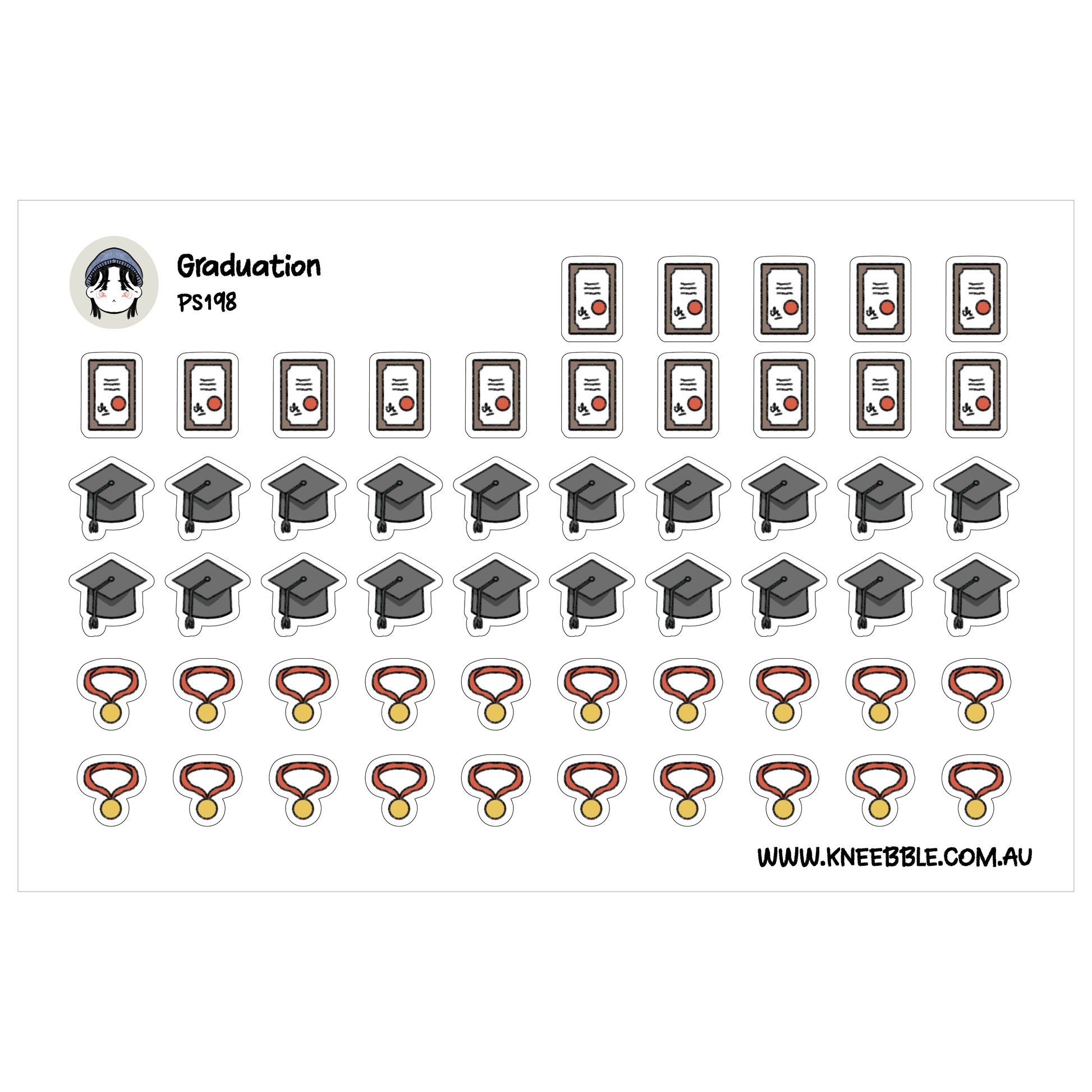 a collection of graduation-related icons and medals, including caps, mortarboards, and medals, arranged in rows and columns.