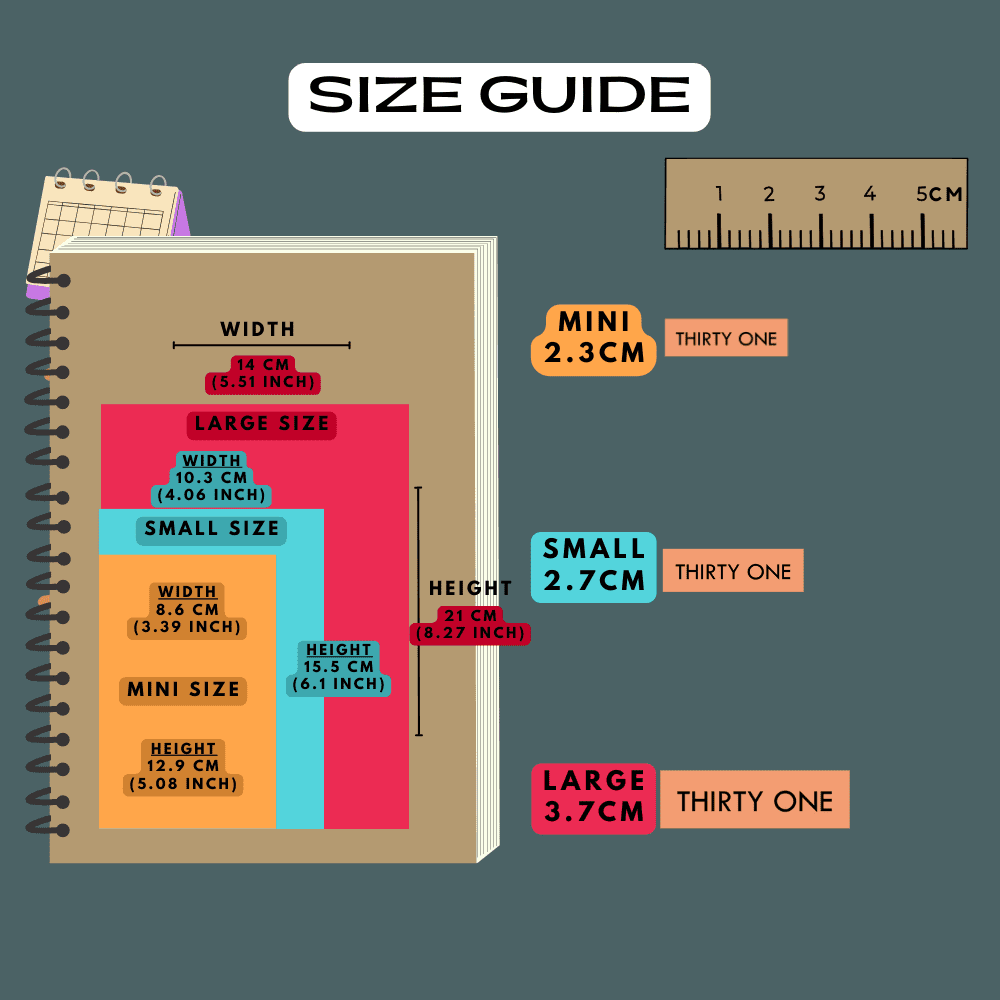 Number long form stickers size guide comparison, choose from mini, small and large sizes.