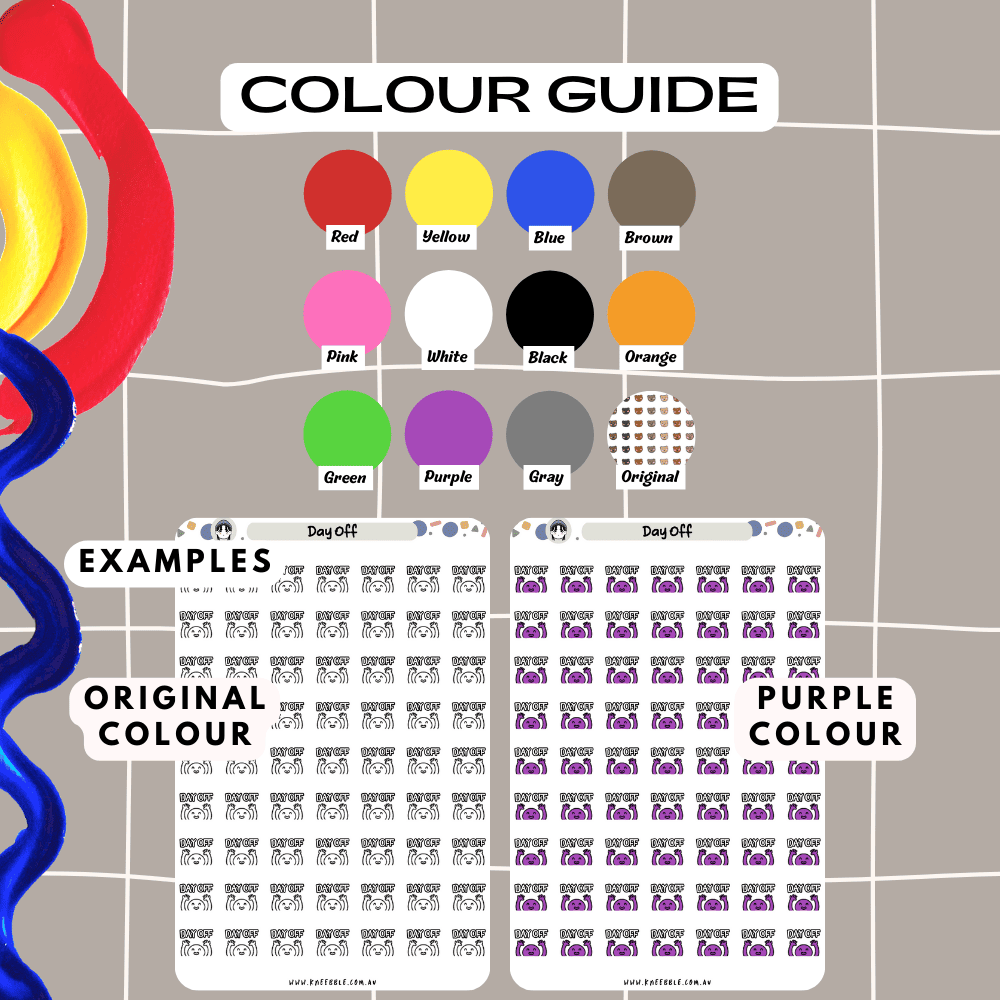 Day off work sticker sheet colour guide, choose from many colours such as red and purple.