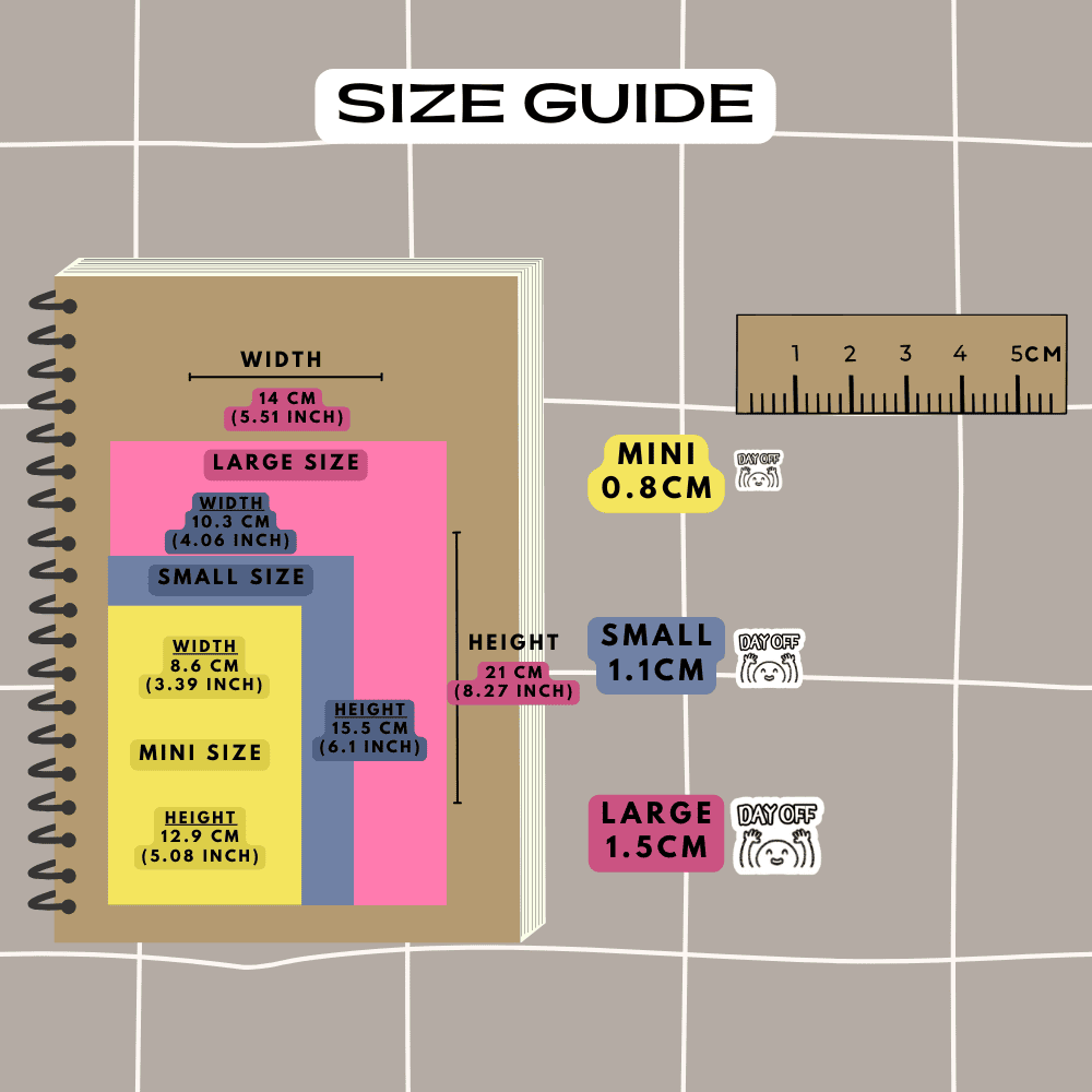 Day off business icon stickers size guide reference, choose from mini, small and large sizes.