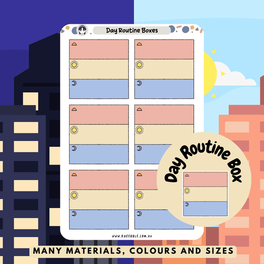 Day routine box planner stickers featuring structured boxes for organizing daily tasks and routines, ideal for keeping track of schedules in planners, journals, or scrapbooks.