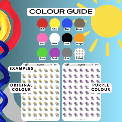 Day shift colour guide reference choose from many colours such as red and purple.