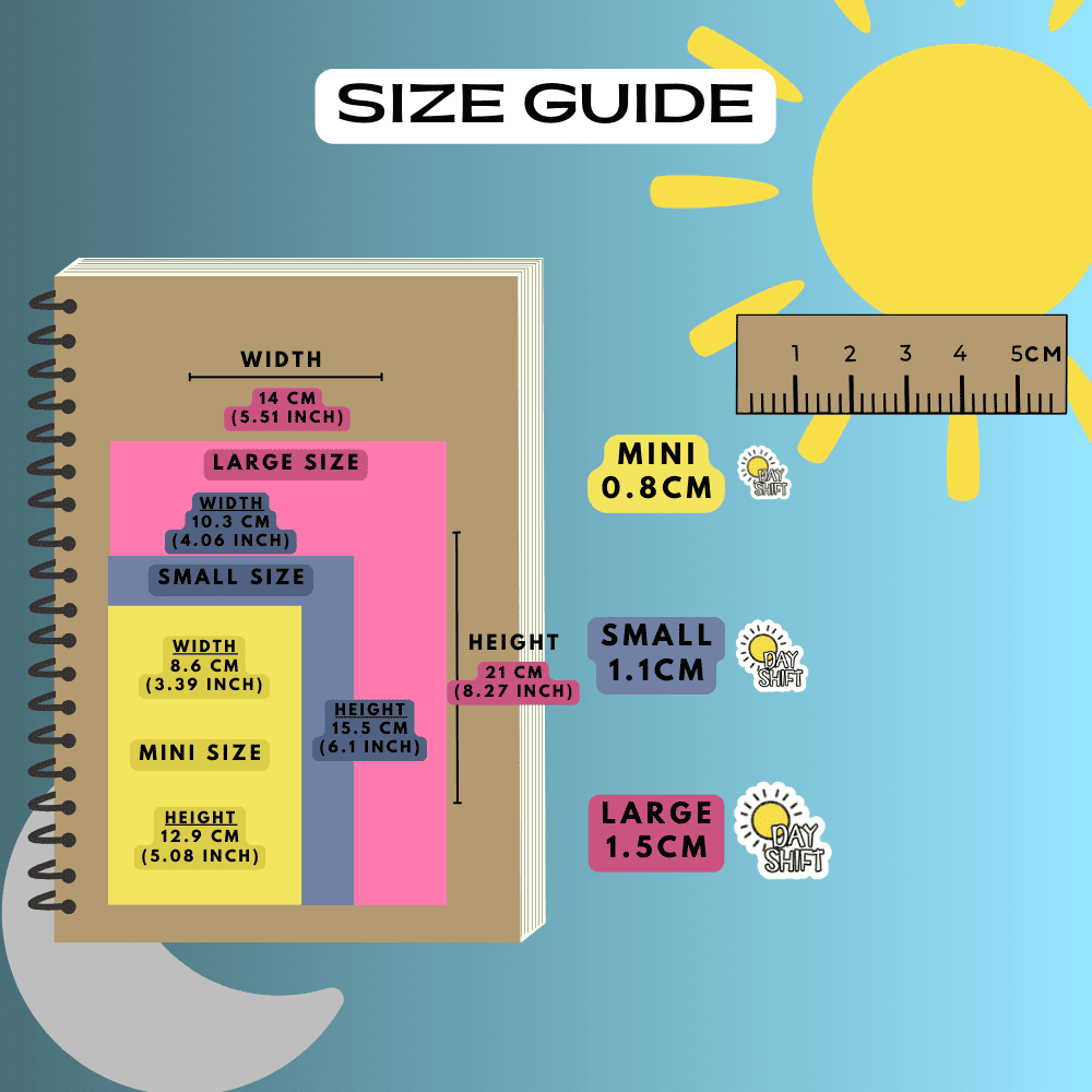 Day shift icon stickers size guide reference, choose from mini, small and large sizes.