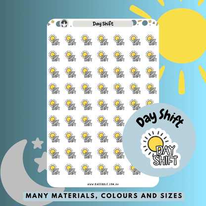 Bright and cheerful day shift planner stickers featuring a sun icon, perfect for organizing work schedules and tracking daytime shifts in planners, journals, or calendars.