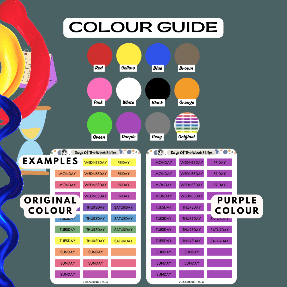 Days of the week sticker sheet colour guide reference, choose from many colours such as purple and red.