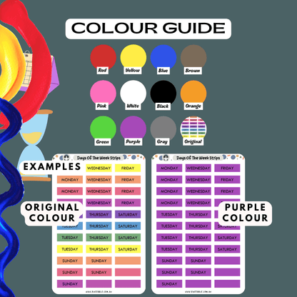 Days of the week sticker sheet colour guide reference, choose from many colours such as purple and red.