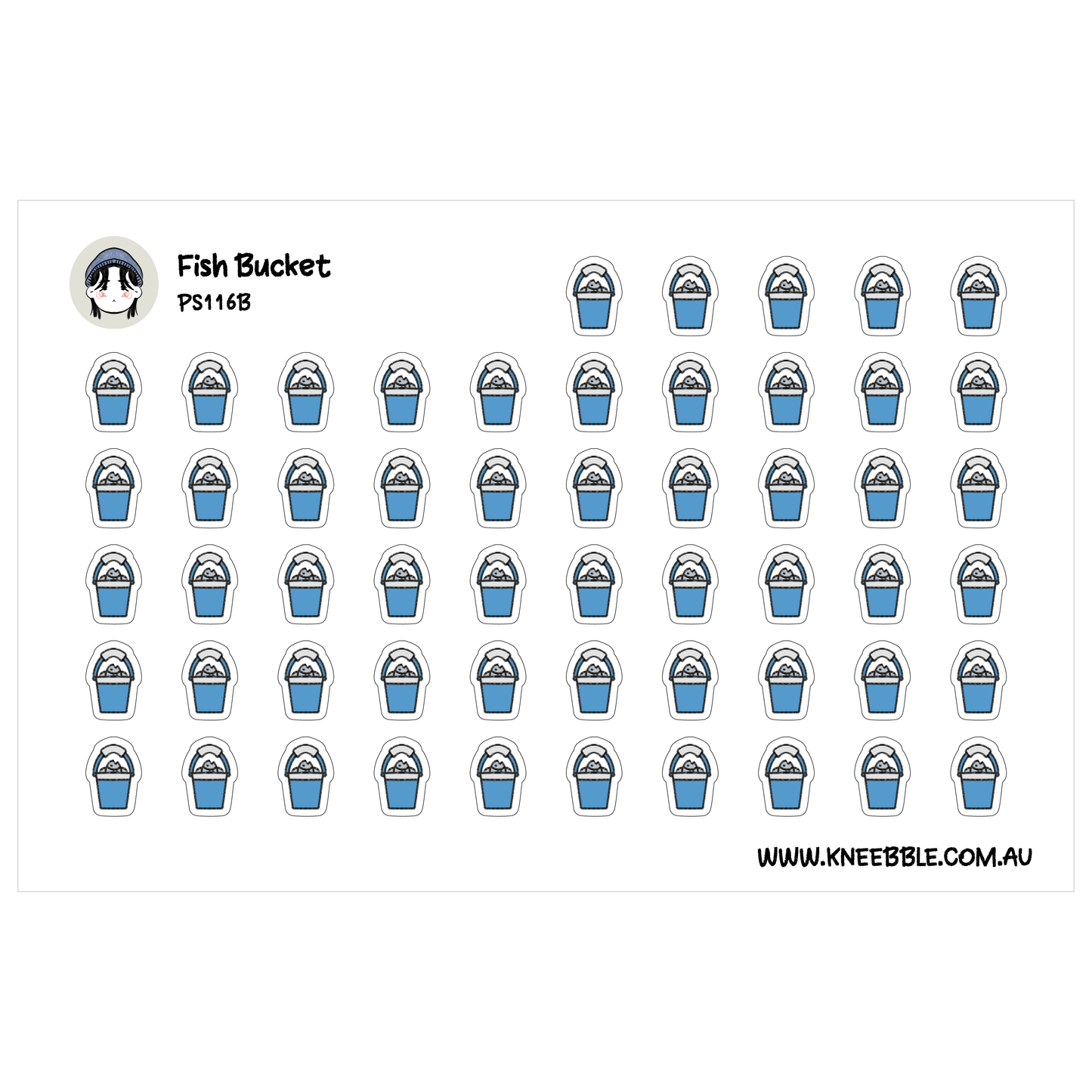 a grid of blue and white fish bucket stickers arranged in rows and columns.