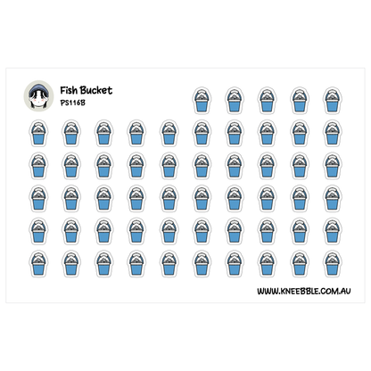 a grid of blue and white fish bucket stickers arranged in rows and columns.