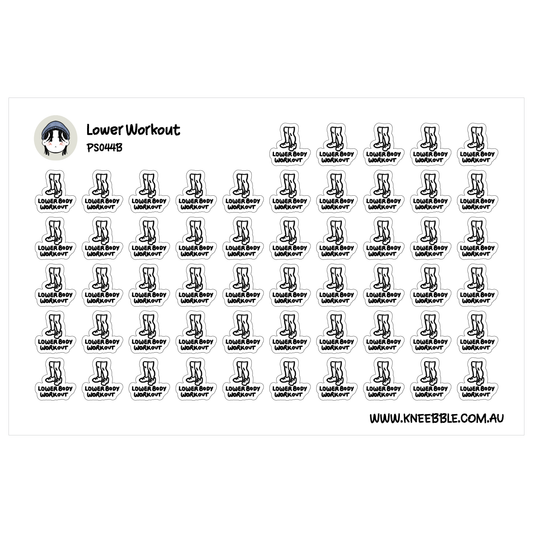 a grid of identical stickers, each featuring a black and white illustration of a person's lower body performing a lower body workout. The stickers are arranged in rows and columns, creating a visually organized and repetitive pattern.