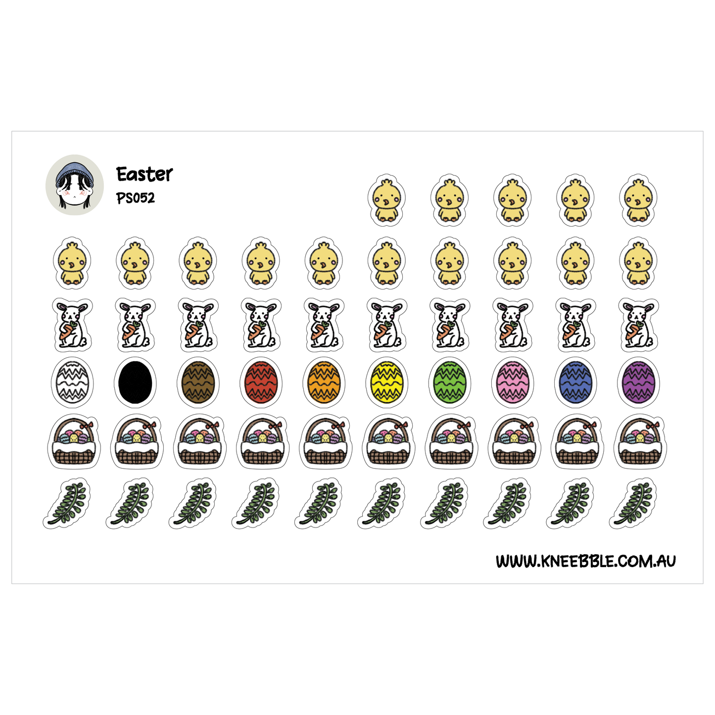 a collection of Easter-themed stickers and illustrations, including various Easter eggs, baskets, and other decorative elements.