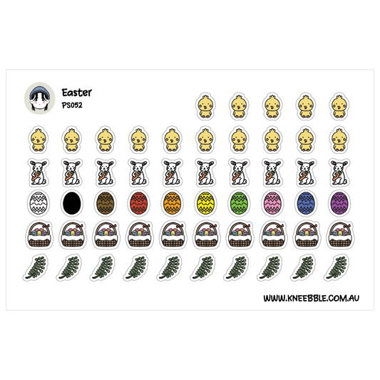 a collection of Easter-themed stickers and illustrations, including various Easter eggs, baskets, and other decorative elements.