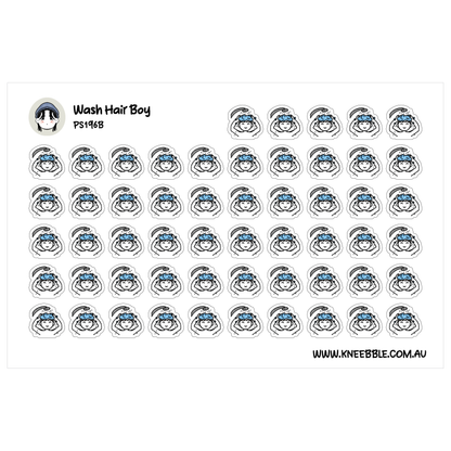 a grid of identical stickers, each featuring a stylized illustration of a person's head wearing a blue hat.