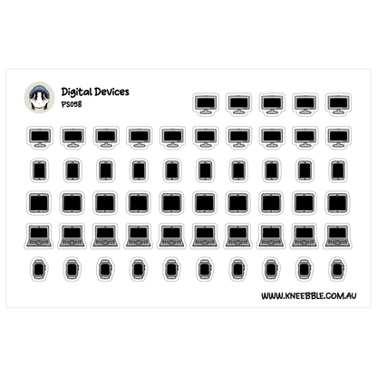 a grid of various digital devices, including computers, tablets, and smartphones, all depicted in a simple, black and white style.