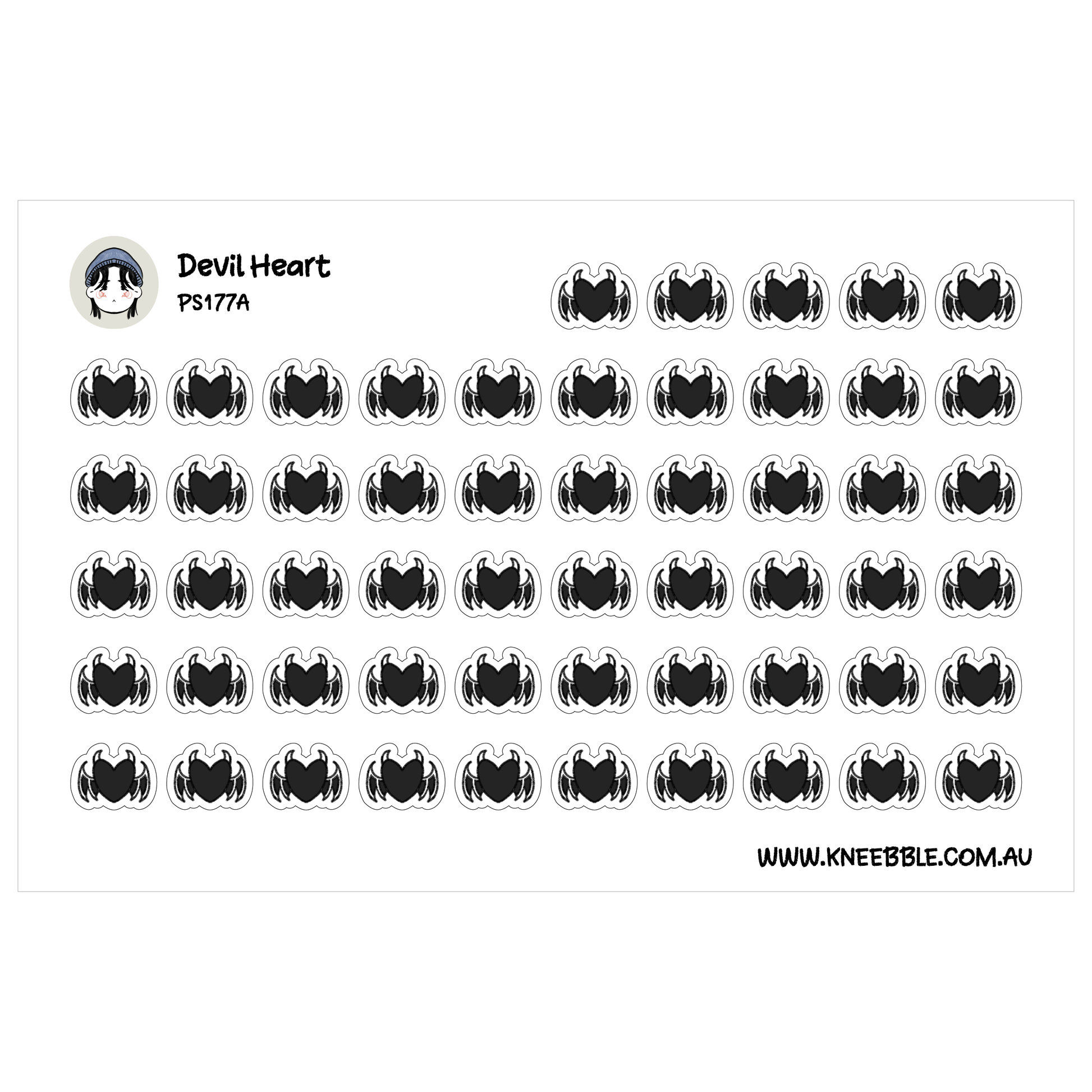 a grid of black and white stickers, each featuring a stylized heart shape. The stickers are arranged in rows and columns, creating a visually organized and repetitive pattern.