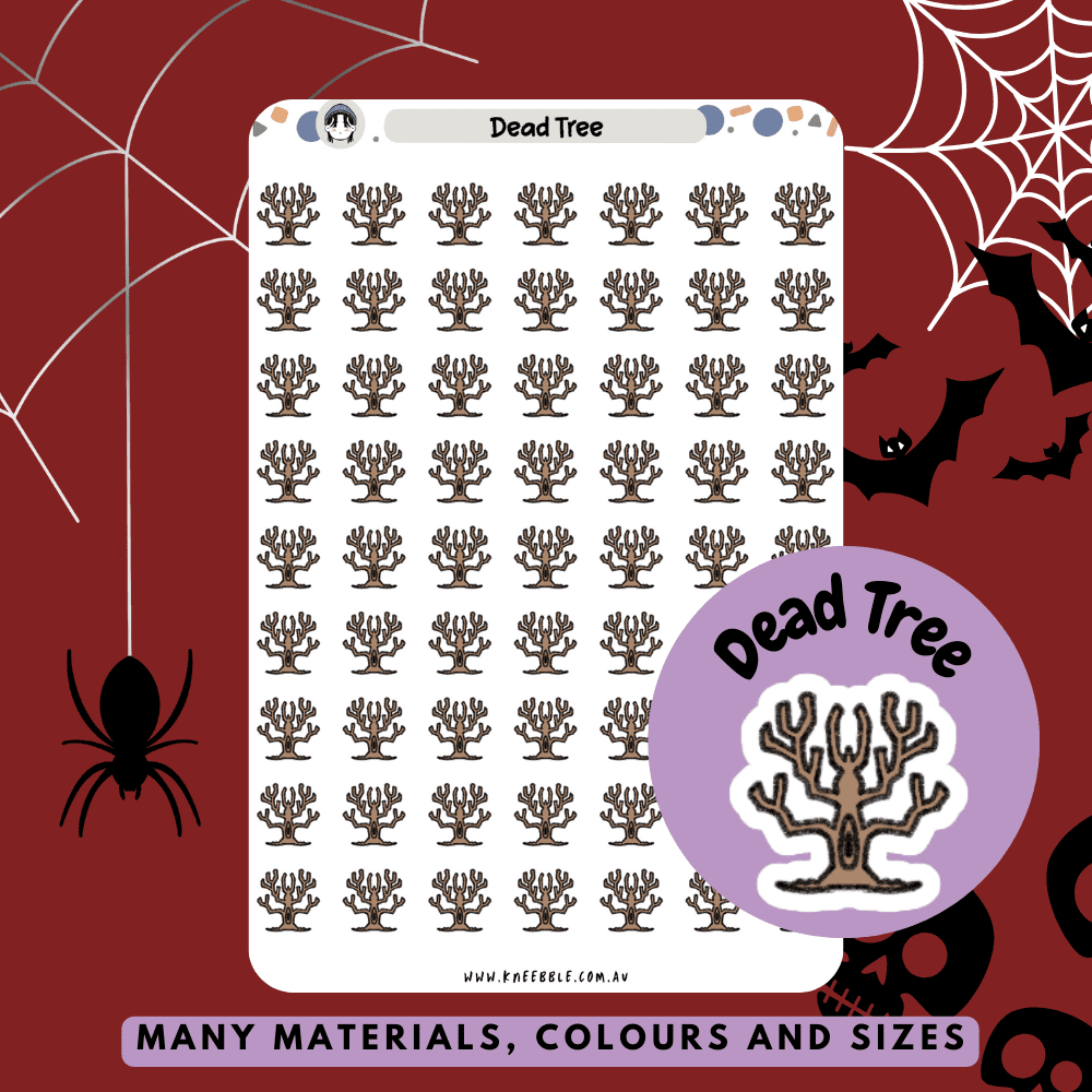 Stickers featuring designs of dead or withered trees, perfect for adding a spooky, eerie, or gothic touch to Halloween-themed planners and journals.