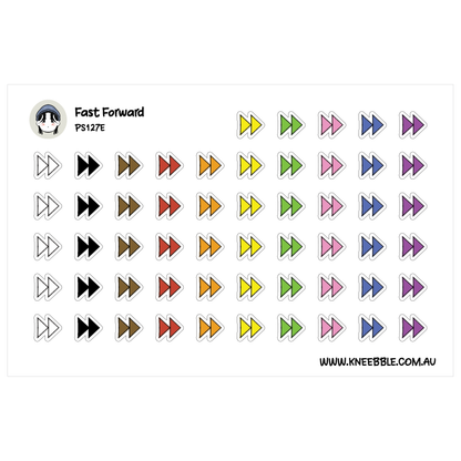 a collection of colorful arrow stickers arranged in rows and columns, with each sticker featuring a different color and design. The stickers are labeled with the text "Fast Forward" and "PS12E", indicating that they are part of a series or collection. The image does not contain any text that can be described in more detail, and it does not include any additional information about the content or context of the stickers.