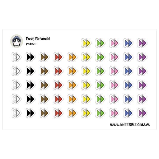 a collection of colorful arrow stickers arranged in rows and columns, with each sticker featuring a different color and design. The stickers are labeled with the text "Fast Forward" and "PS12E", indicating that they are part of a series or collection. The image does not contain any text that can be described in more detail, and it does not include any additional information about the content or context of the stickers.