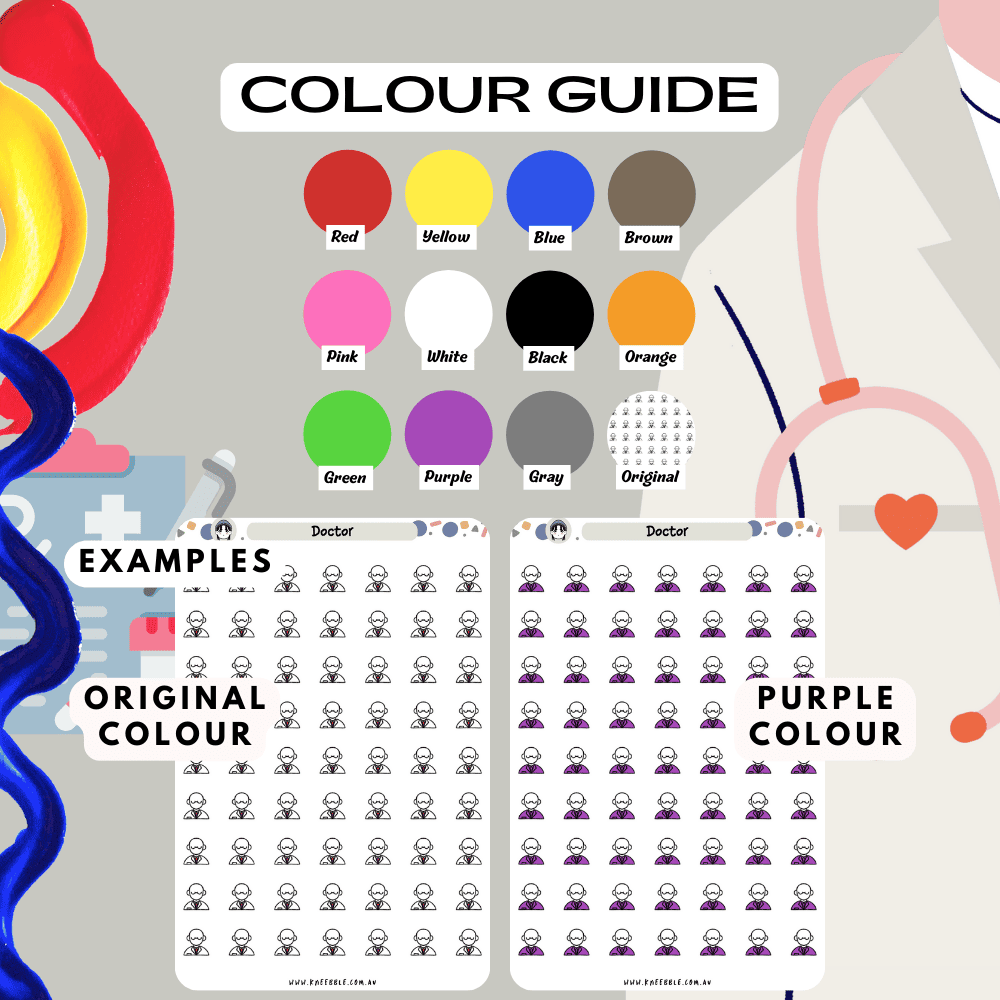 Doctor sticker sheet colour guide reference, choose from many colours such as red and purple.