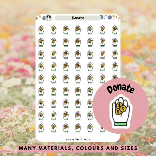 Planner stickers with icons and labels to mark donation days, charity drives, or contributions.