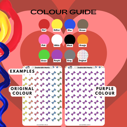 Double hearts sticker sheet colour guide including rainbow and red colours.