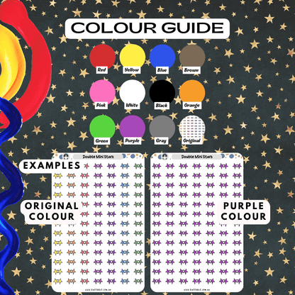 Mini star sticker sheet size guide including rainbow colours and yellow gold.