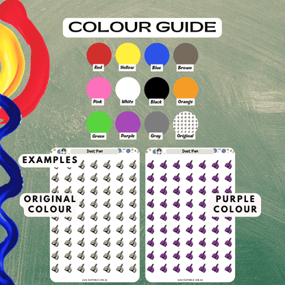 Dust pan sticker sheet colour guide choosing from different options such as red and purple colours.